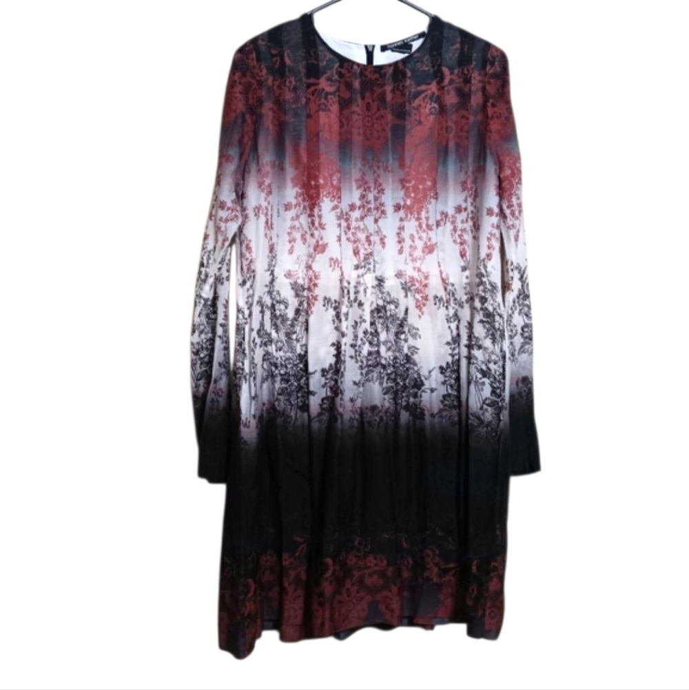 Hannes Roether Red Blue Floral Ombre Cotton Silk Dress Lined